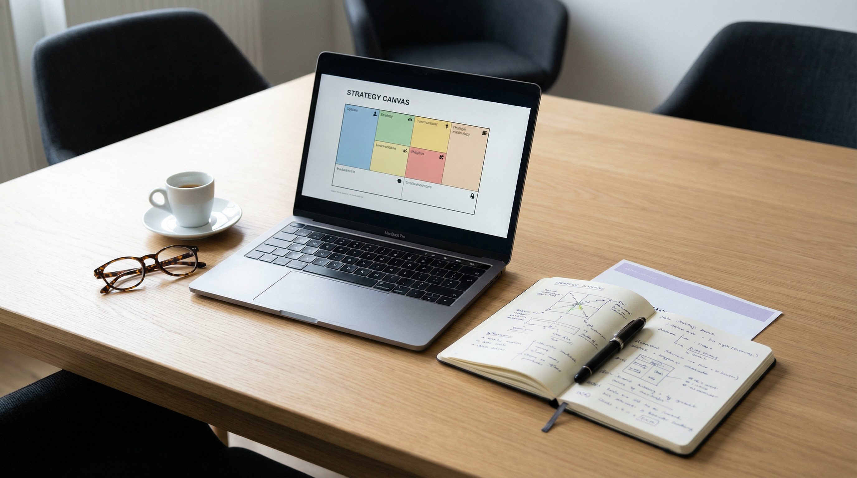 Executive Strategy Workshop Tisch mit Laptop und Notizen